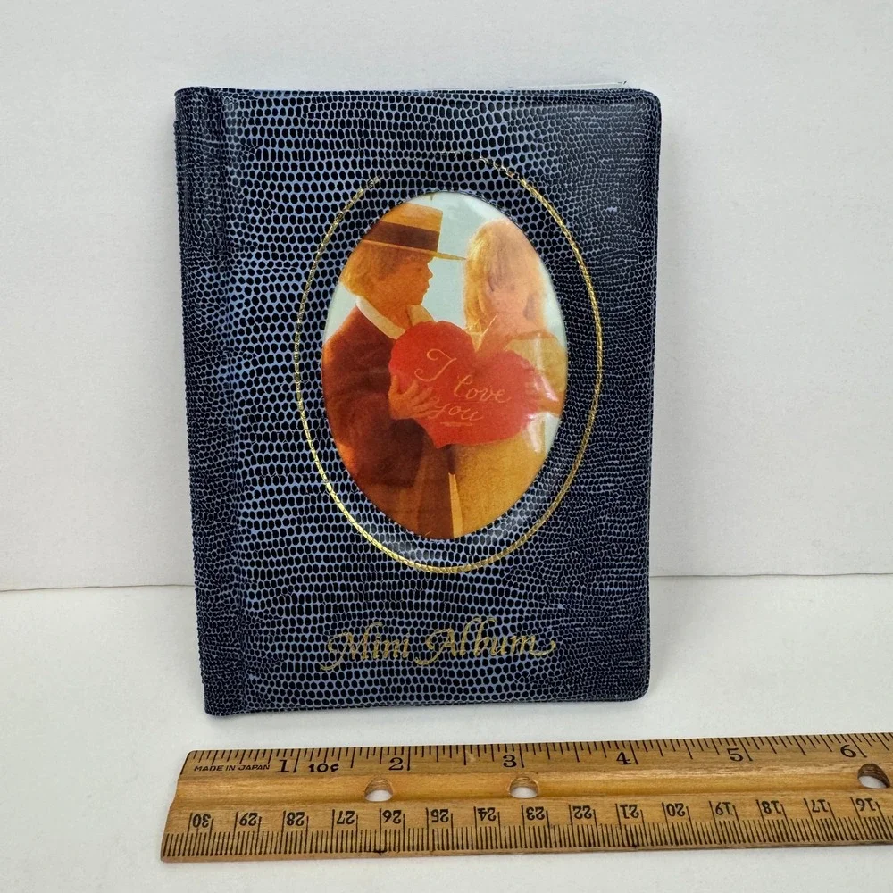 Small Vtg Blue Black Reptile Scale Faux Leather Photo Pic Album Gold Accents